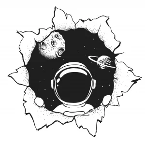 an astronaut looks at us through the hole. Handcrafted style. Vector illustration
